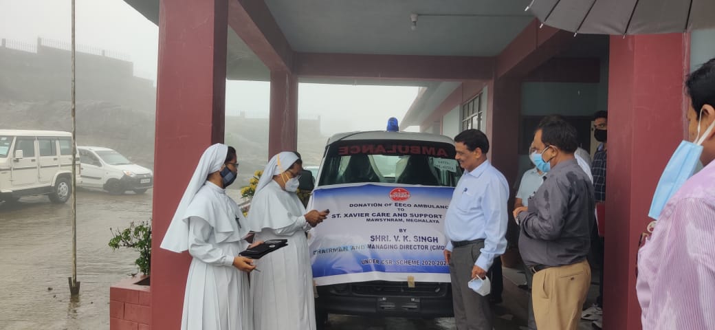 Handing over of Ambulance by the CMD NEEPCO to St. Xavier Day Care and Support Centre at Mawsynram on 3rd. July`2021