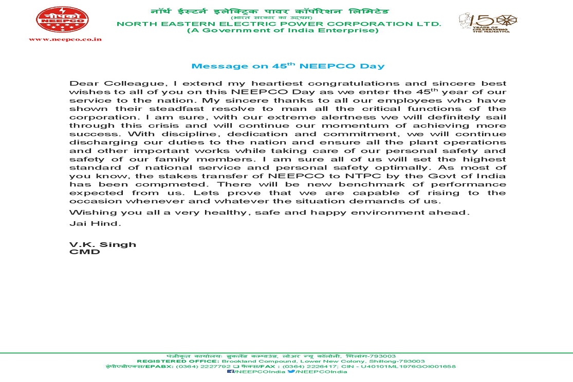 CMD Message on 45th NEEPCO Day