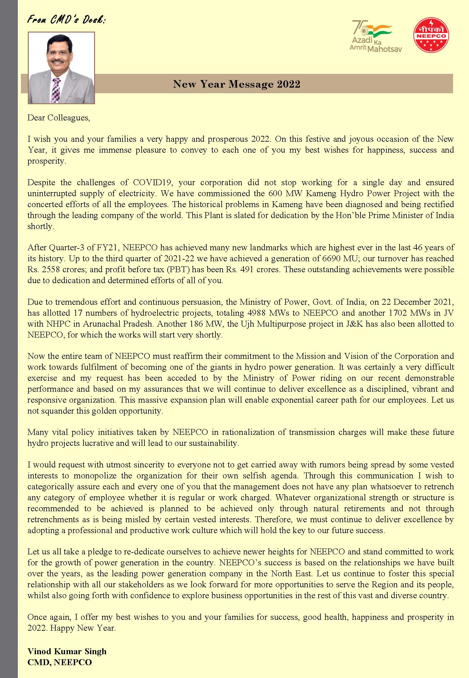 NEW YEAR MESSAGE FROM CMD