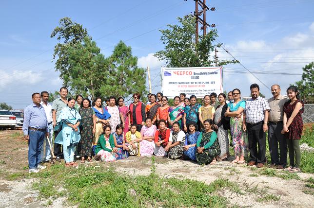Participants at the sapling plantation programme organised by the NEEPCO Women Welfare Association at NEEPCO complex Laitkor